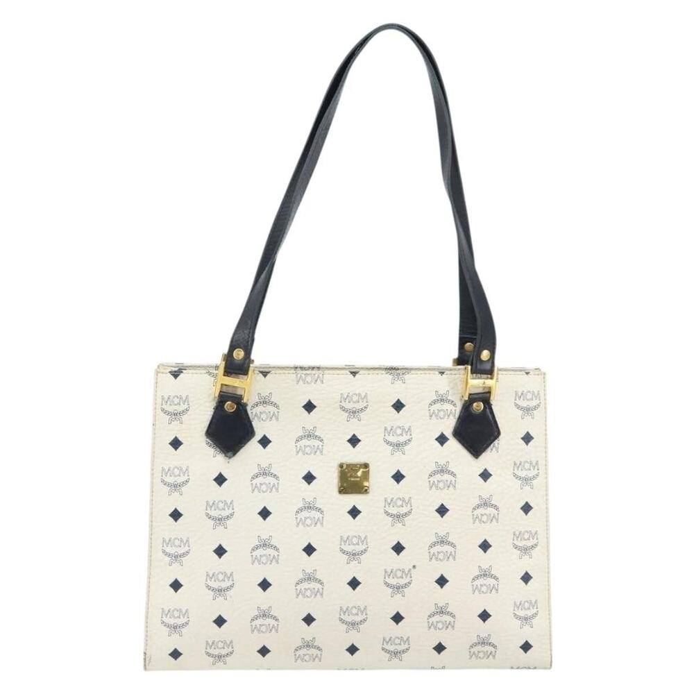 MCM Leather Logogram Visetos Tote Bag White Gold